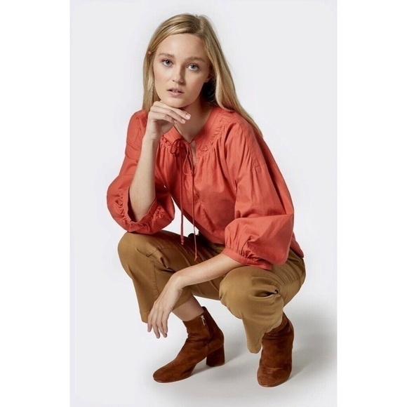 NWT!! JOIE Barrian Warm Spice Orange Peasant Top Blouse Tie Neck X-Small - Picture 5 of 14
